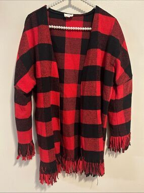 ETWO Red Buffalo Plaid Wool Blend Fringe Cardigan Sweater Open Front S